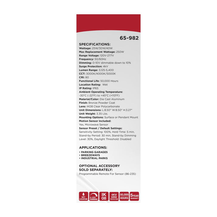 SATCO/NUVO 8.5 Inch LED Canopy Fixture Wattage/CCT Selectable 25W/30W/40W 3000K/4000K/5000K 120-277V Bronze (65-982)