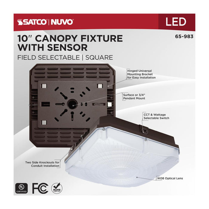 SATCO/NUVO 10 Inch LED Canopy Fixture Wattage/CCT Selectable 45W/60W/70W 3000K/4000K/5000K 120-277V Bronze (65-983)