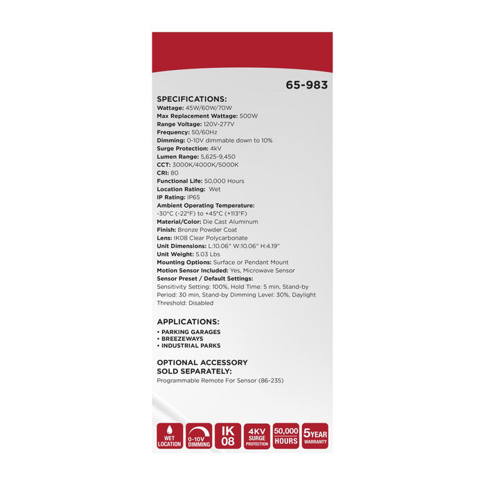 SATCO/NUVO 10 Inch LED Canopy Fixture Wattage/CCT Selectable 45W/60W/70W 3000K/4000K/5000K 120-277V Bronze (65-983)