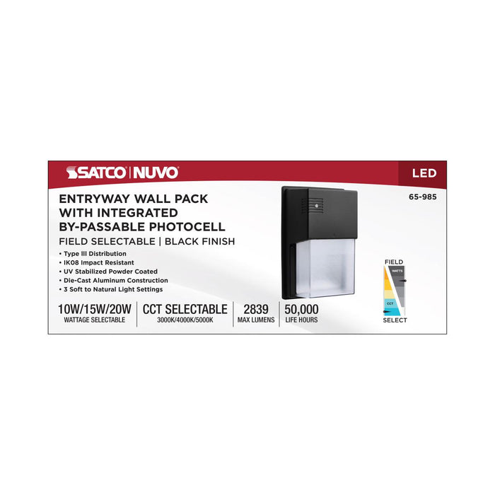 SATCO/NUVO LED Entryway Wall Pack Wattage/CCT Selectable 10W/15W/20W 3000K/4000K/5000K 120-347V 80 CRI 0-10V Dimming Black (65-985)