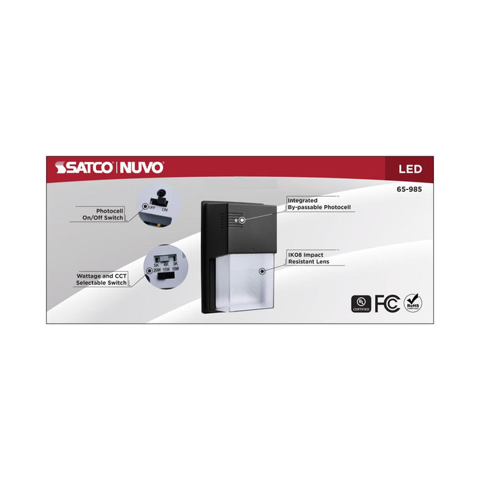 SATCO/NUVO LED Entryway Wall Pack Wattage/CCT Selectable 10W/15W/20W 3000K/4000K/5000K 120-347V 80 CRI 0-10V Dimming Black (65-985)