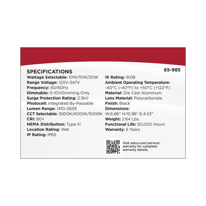 SATCO/NUVO LED Entryway Wall Pack Wattage/CCT Selectable 10W/15W/20W 3000K/4000K/5000K 120-347V 80 CRI 0-10V Dimming Black (65-985)