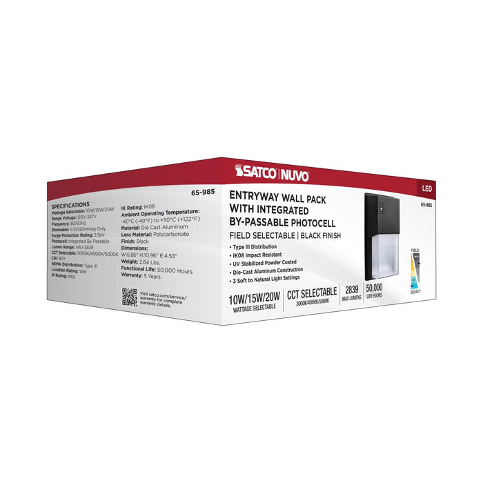 SATCO/NUVO LED Entryway Wall Pack Wattage/CCT Selectable 10W/15W/20W 3000K/4000K/5000K 120-347V 80 CRI 0-10V Dimming Black (65-985)