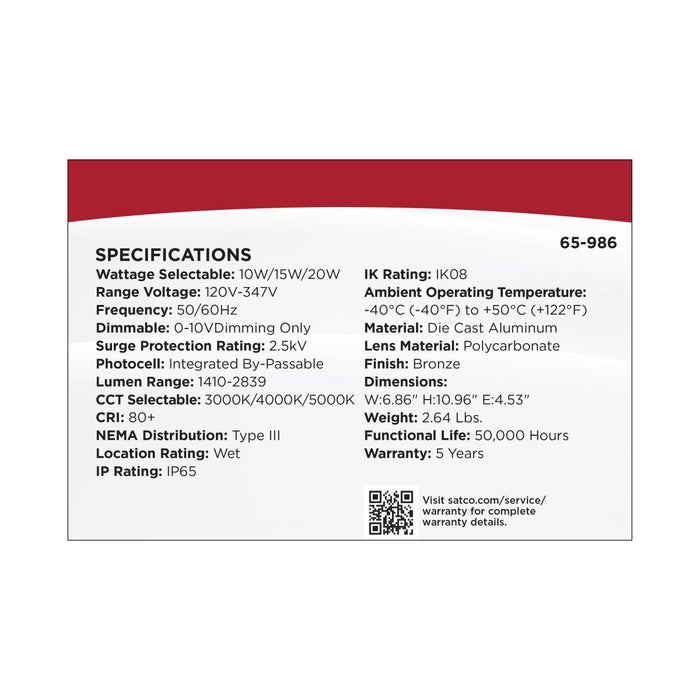 SATCO/NUVO LED Entryway Wall Pack Wattage/CCT Selectable 10W/15W/20W 3000K/4000K/5000K 120-347V 80 CRI 0-10V Dimming Bronze (65-986)