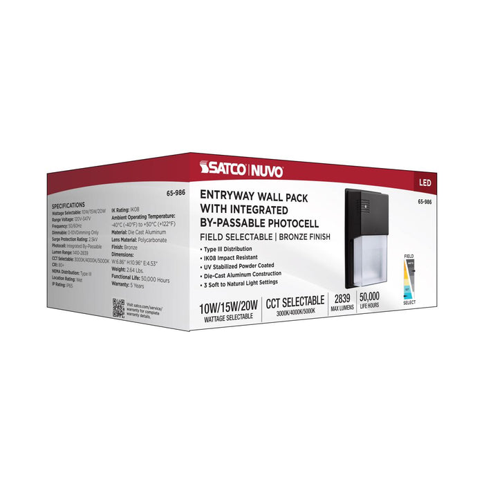 SATCO/NUVO LED Entryway Wall Pack Wattage/CCT Selectable 10W/15W/20W 3000K/4000K/5000K 120-347V 80 CRI 0-10V Dimming Bronze (65-986)