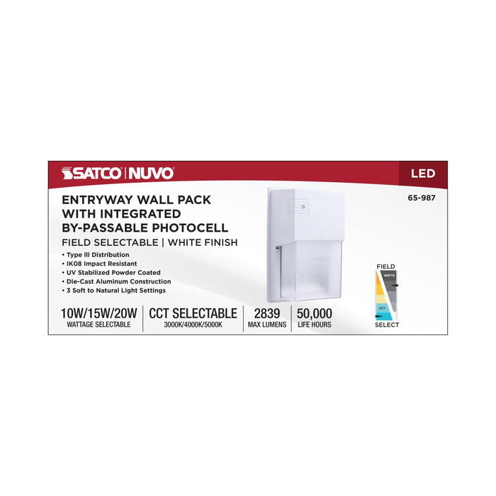 SATCO/NUVO LED Entryway Wall Pack Wattage/CCT Selectable 10W/15W/20W 3000K/4000K/5000K 120-347V 80 CRI 0-10V Dimming White (65-987)