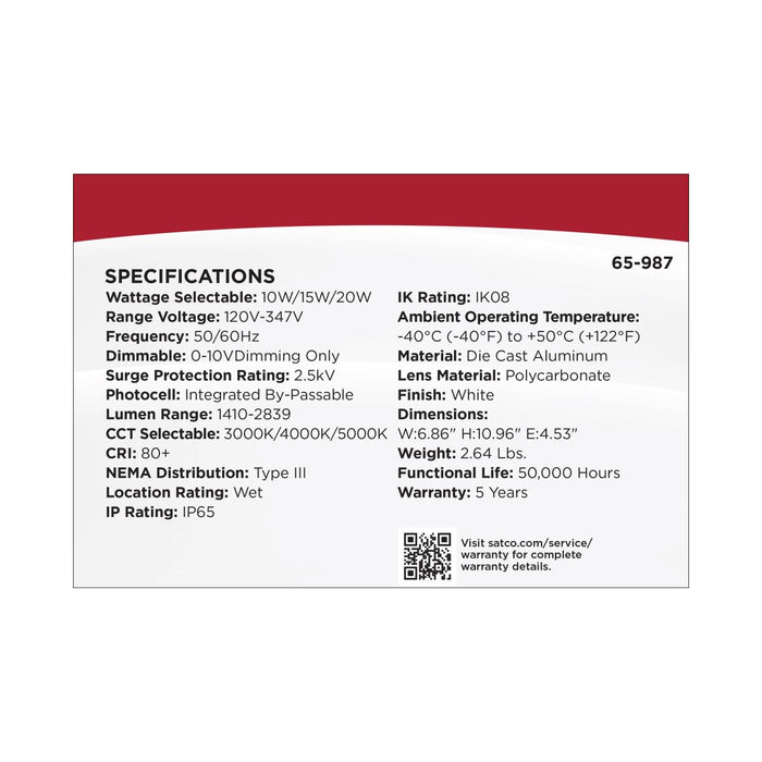 SATCO/NUVO LED Entryway Wall Pack Wattage/CCT Selectable 10W/15W/20W 3000K/4000K/5000K 120-347V 80 CRI 0-10V Dimming White (65-987)