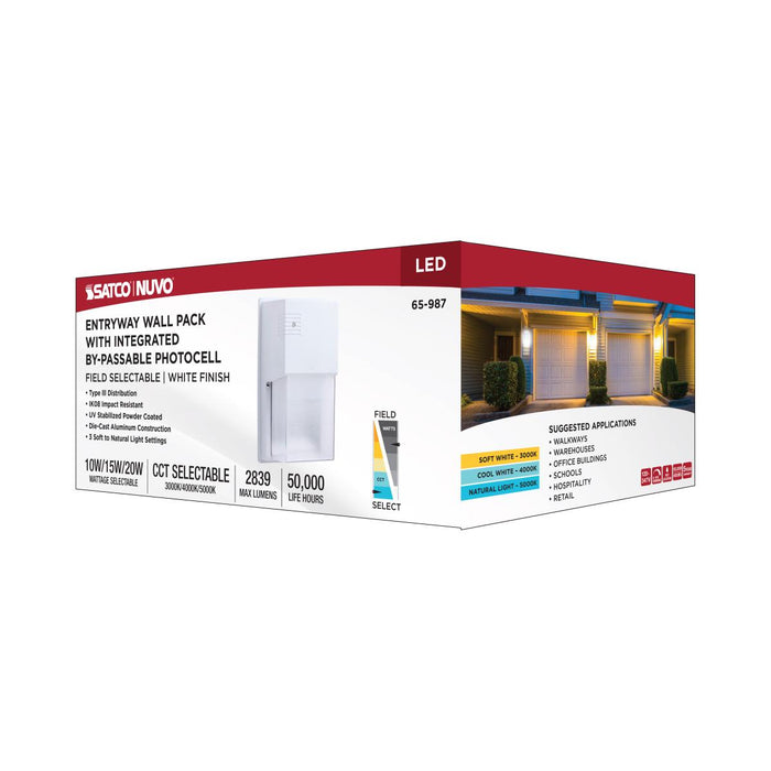 SATCO/NUVO LED Entryway Wall Pack Wattage/CCT Selectable 10W/15W/20W 3000K/4000K/5000K 120-347V 80 CRI 0-10V Dimming White (65-987)