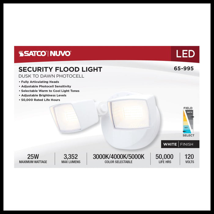 SATCO/NUVO LED Security Light Dual Head Wattage/CCT Selectable 17W/25W 3000K/4000K/5000K 120V 80 CRI White Finish (65-995)