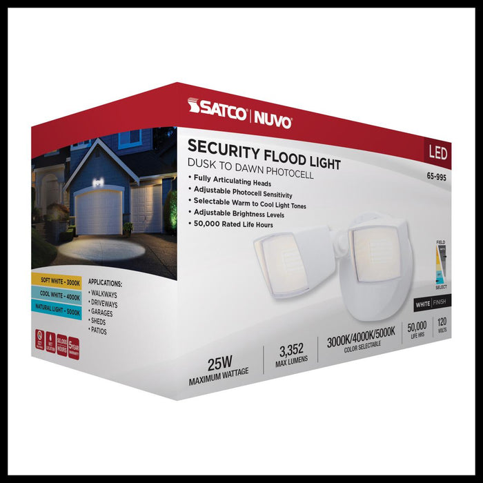 SATCO/NUVO LED Security Light Dual Head Wattage/CCT Selectable 17W/25W 3000K/4000K/5000K 120V 80 CRI White Finish (65-995)