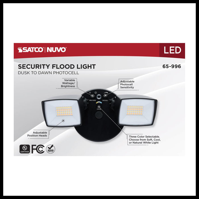 SATCO/NUVO LED Security Light Dual Head Wattage/CCT Selectable 17W/25W 3000K/4000K/5000K 120V 80 CRI Black Finish (65-996)