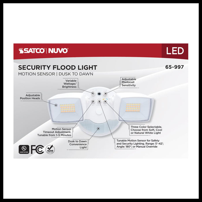 SATCO/NUVO LED Security Light With Nightlight PIR Sensor Dual Head Wattage/CCT Selectable 17W/25W 3000K/4000K/5000K 120V 80 CRI White Finish (65-997)