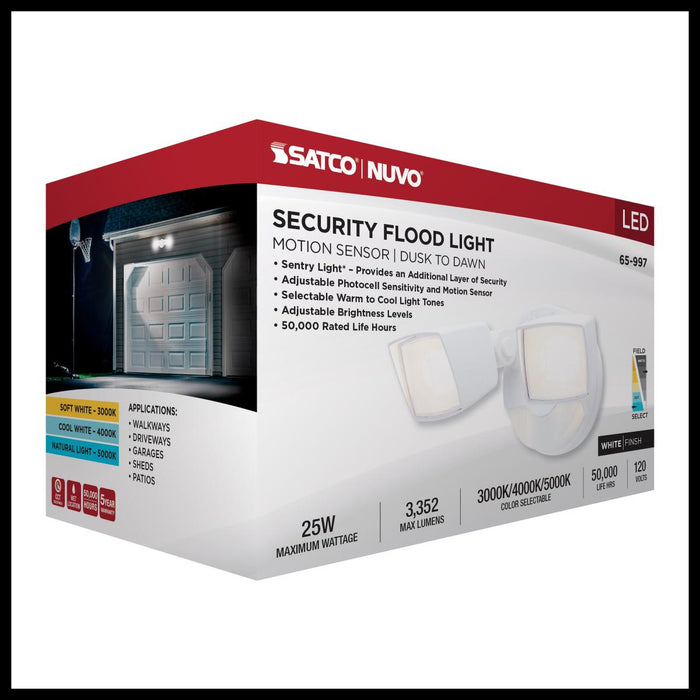 SATCO/NUVO LED Security Light With Nightlight PIR Sensor Dual Head Wattage/CCT Selectable 17W/25W 3000K/4000K/5000K 120V 80 CRI White Finish (65-997)