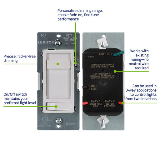 Leviton SureSlide Dimmer Switch For Dimmable LED/CFL/Incandescent Lighting Single Pole Or 3-Way Installation White (66741-10W)