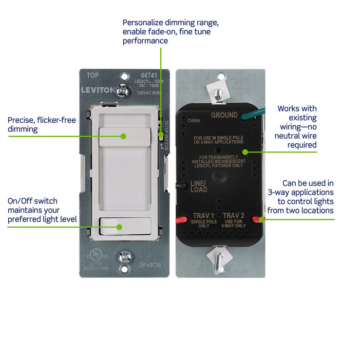 Leviton SureSlide Dimmer Switch For Dimmable LED/CFL/Incandescent Lighting Single Pole Or 3-Way Installation White (66741-10W)