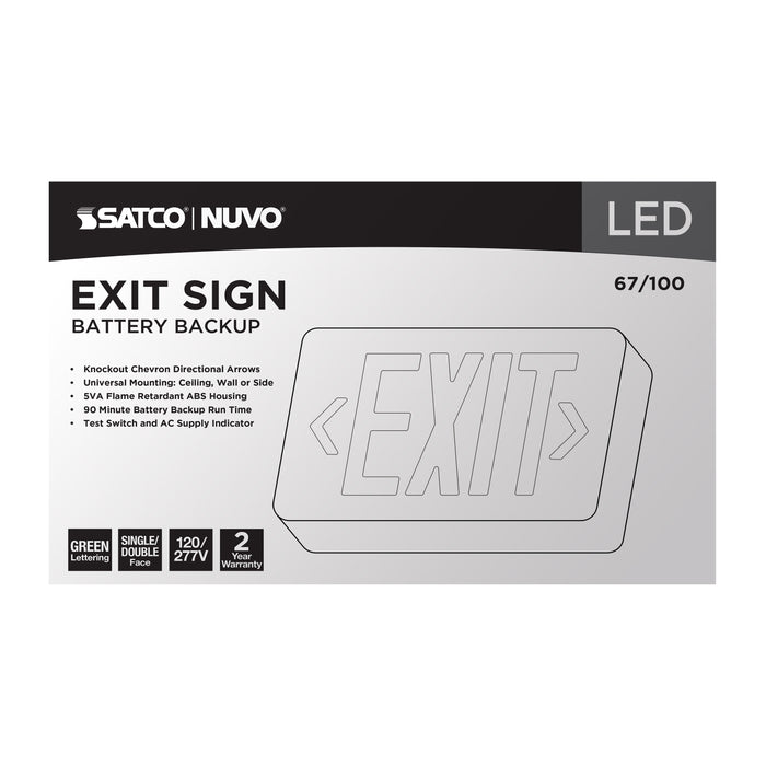 SATCO/NUVO Green LED Exit Sign 90-Minute NiCad Battery Backup 120/277V Single/Dual Face Universal Mounting (67-100)
