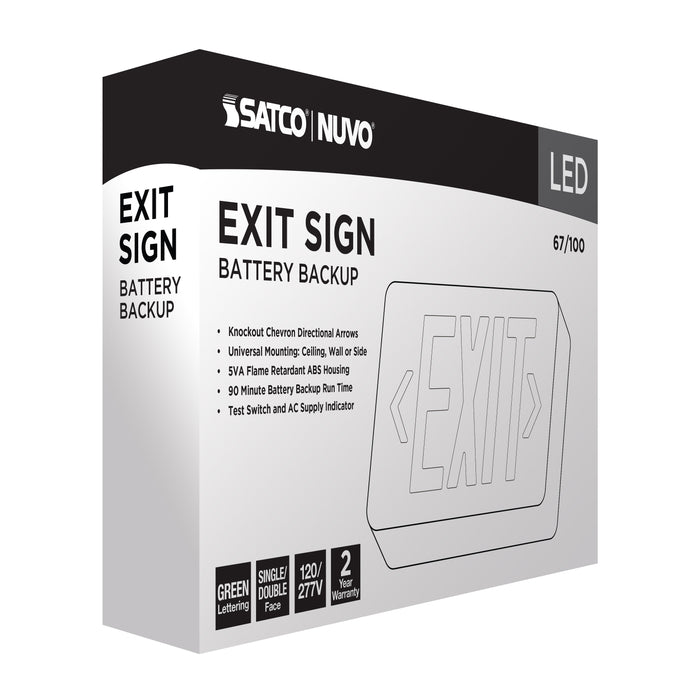 SATCO/NUVO Green LED Exit Sign 90-Minute NiCad Battery Backup 120/277V Single/Dual Face Universal Mounting (67-100)