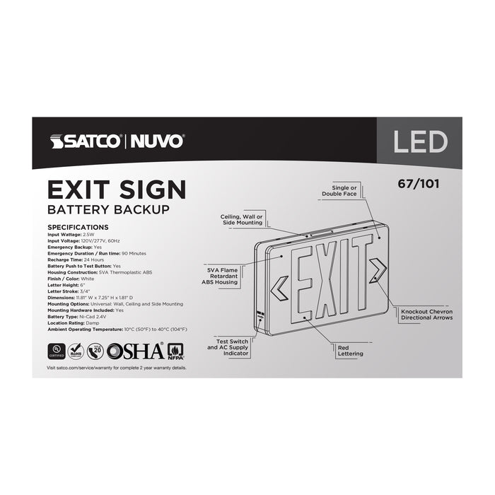 SATCO/NUVO Red LED Exit Sign 90-Minute NiCad Battery Backup 120/277V Single/Dual Face Universal Mounting (67-101)