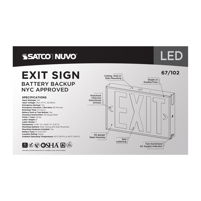 SATCO/NUVO Red LED Exit Sign 90-Minute NiCad Battery Backup 120/277V Single/Dual Face Universal Mounting Steel/NYC (67-102)