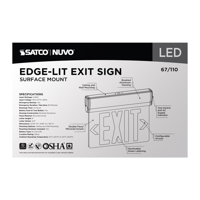 SATCO/NUVO Green (Mirror) Edge-Lit LED Exit Sign 90-Minute NiCad Battery Backup 120/277V Dual-Face Top/Back/End Mount (67-110)