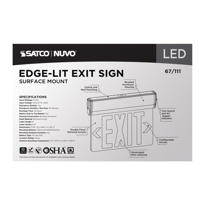 SATCO/NUVO Red (Mirror) Edge-Lit LED Exit Sign 90-Minute NiCad Battery Backup 120/277V Dual-Face Top/Back/End Mount (67-111)