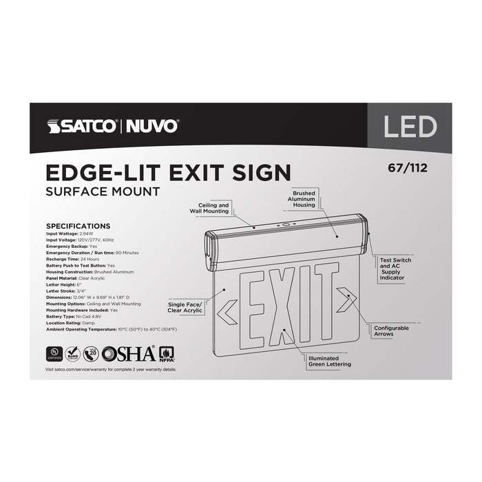 SATCO/NUVO Green (Clear) Edge-Lit LED Exit Sign 90-Minute NiCad Battery Backup 120/277V Single Face Top/Back/End Mount (67-112)