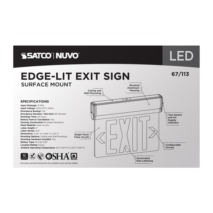 SATCO/NUVO Red (Clear) Edge-Lit LED Exit Sign 90-Minute NiCad Battery Backup 120/277V Single Face Top/Back/End Mount (67-113)