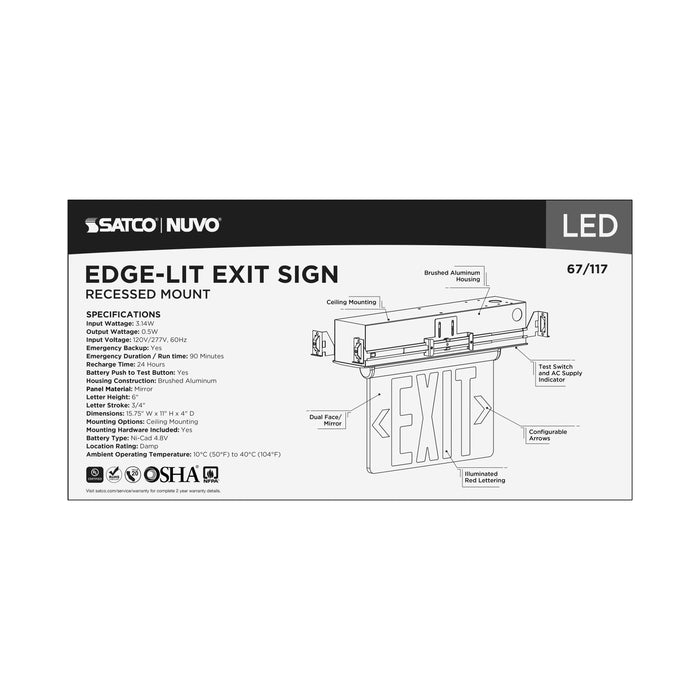 SATCO/NUVO Red (Mirror) Edge-Lit LED Exit Sign Dual-Face 120/277V Silver Finish (67-117)