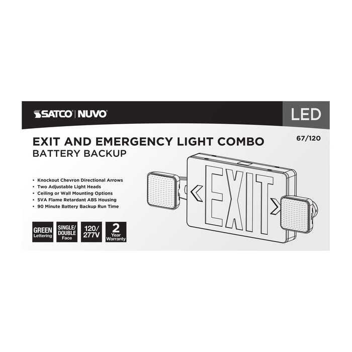 SATCO/NUVO Combination Green Exit Sign/Emergency Light 90-Minute NiCad Battery Backup 120/277V Dual-Head Dual-Face Universal Mounting (67-120)