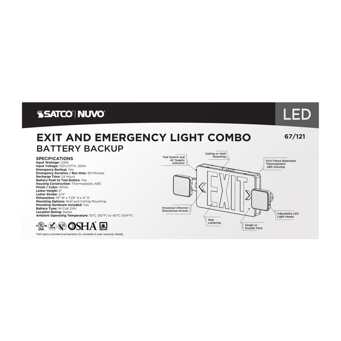 SATCO/NUVO Combination Red Exit Sign/Emergency Light 90-Minute NiCad Battery Backup 120/277V Dual-Head Dual-Face Universal Mounting (67-121)