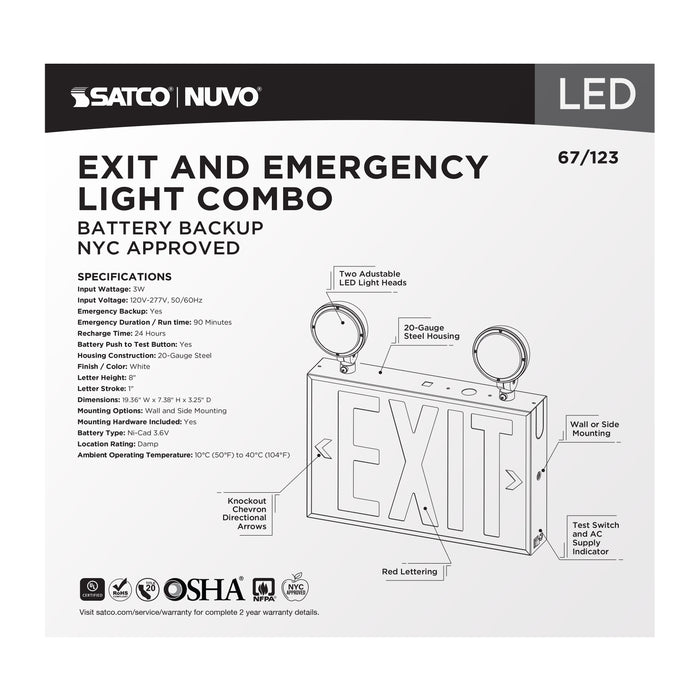 SATCO/NUVO Combination Red Exit Sign/Emergency Light 90-Minute NiCad Battery Backup 120/277V Dual-Head Dual-Face Universal Mounting Steel/NYC (67-123)
