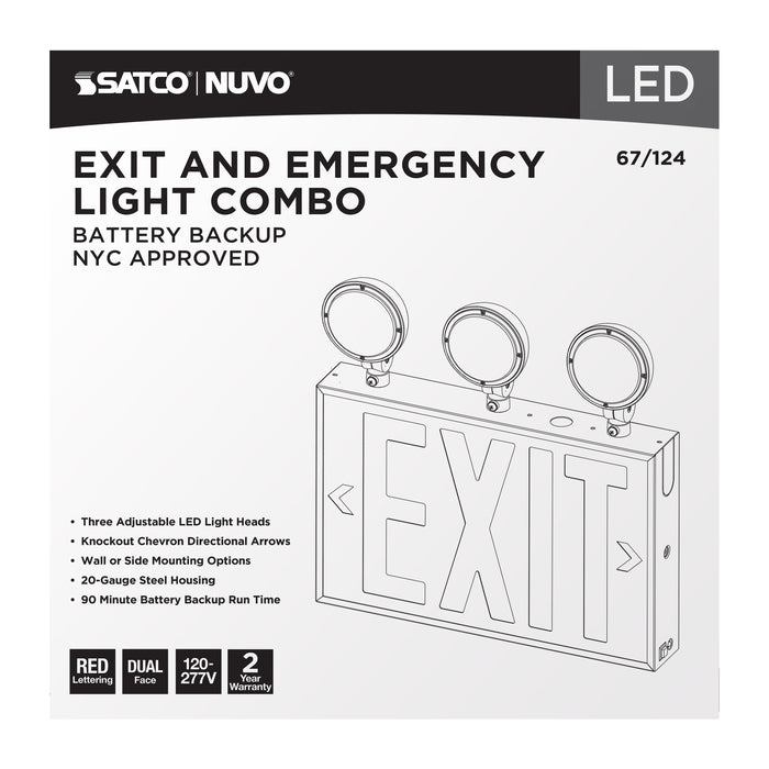 SATCO/NUVO Combination Red Exit Sign/Emergency Light 90-Minute NiCad Battery Backup 120/277V Tri-Head Dual-Face Universal Mounting Steel/NYC (67-124)