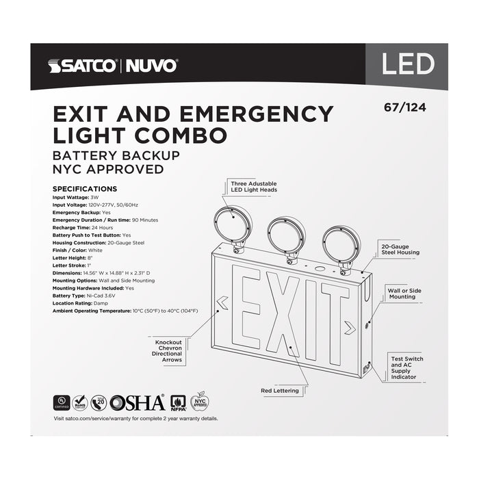 SATCO/NUVO Combination Red Exit Sign/Emergency Light 90-Minute NiCad Battery Backup 120/277V Tri-Head Dual-Face Universal Mounting Steel/NYC (67-124)