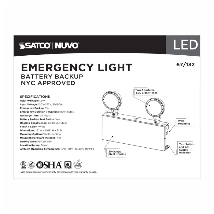 SATCO/NUVO Emergency Light 90-Minute NiCad Battery Backup 120/277V Dual-Head Universal Mounting Steel/NYC (67-132)