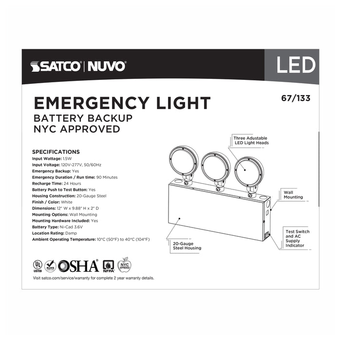 SATCO/NUVO Emergency Light 90-Minute NiCad Battery Backup 120/277V Tri-Head Universal Mounting Steel/NYC (67-133)