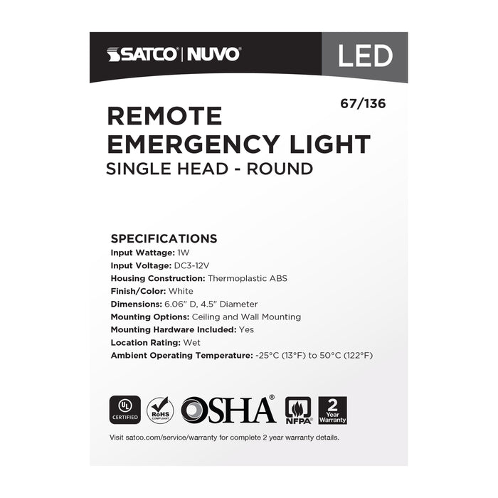 SATCO/NUVO Remote Emergency Light Low-Voltage Backup Single-Head Wet Location Rated (67-136)
