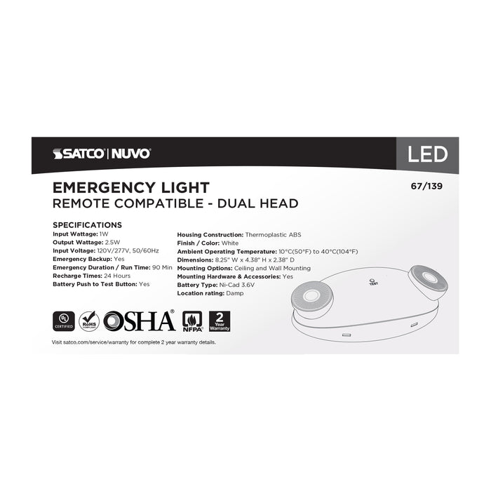 SATCO/NUVO Emergency Light Dual-Head 120/277V White Finish Remote Compatible (67-139)