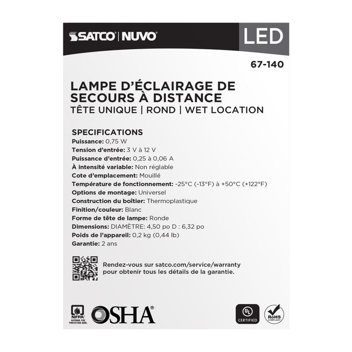 SATCO/NUVO Remote Emergency Light Weatherproof Low Power Single Head 3-12V 0.75W White Finish (67-140)