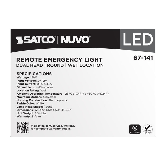 SATCO/NUVO Remote Emergency Light Weatherproof Low Power Dual Head 3-12V 1.5W White Finish (67-141)