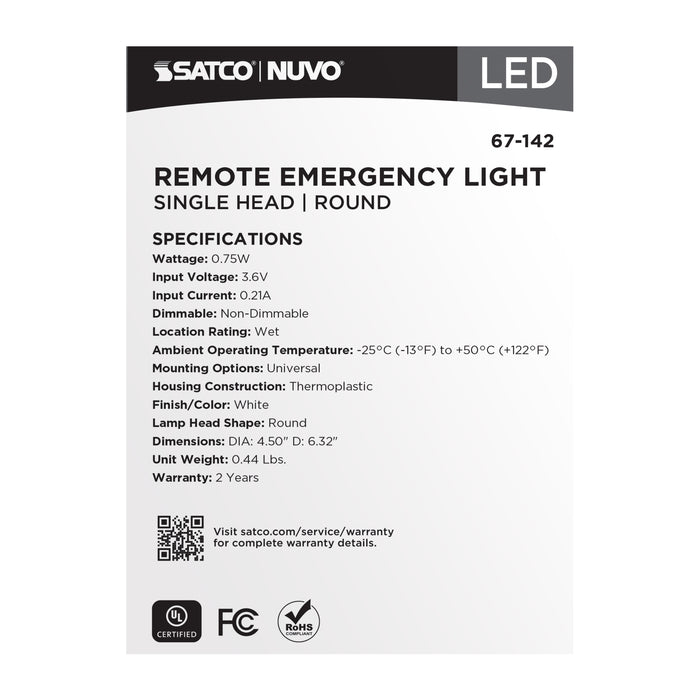 SATCO/NUVO Remote Emergency Light 0.75W Weatherproof Low Power Single Head White Finish 3.6V (67-142)