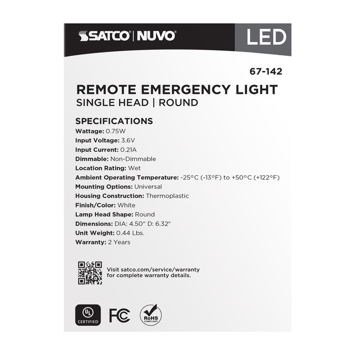 SATCO/NUVO Remote Emergency Light 0.75W Weatherproof Low Power Single Head White Finish 3.6V (67-142)