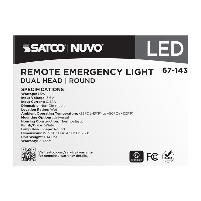 SATCO/NUVO Remote Emergency Light 1.5W Weatherproof Low Power Dual Head White Finish 3.6V (67-143)