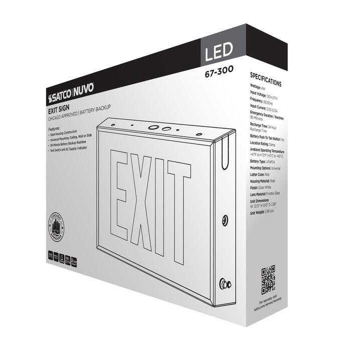 SATCO/NUVO Exit Sign Chicago Approved White Housing 120-277V 90-Minute Battery Backup Single Face Surface Mounting (67-300)