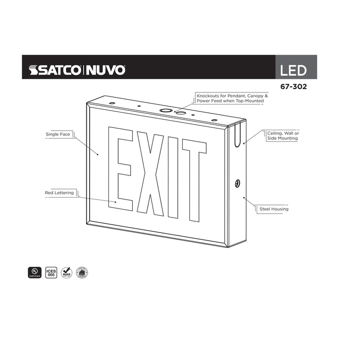 SATCO/NUVO Exit Sign Chicago Approved White Housing 120-277V AC Only Single Face Surface Mounting (67-302)