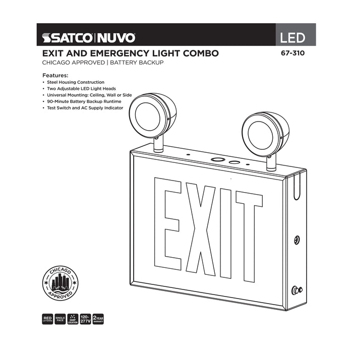 SATCO/NUVO Combination Exit Sign/Emergency Light Chicago Approved White Housing 120-277V 90-Minute Backup Single Face Surface Mounting (67-310)