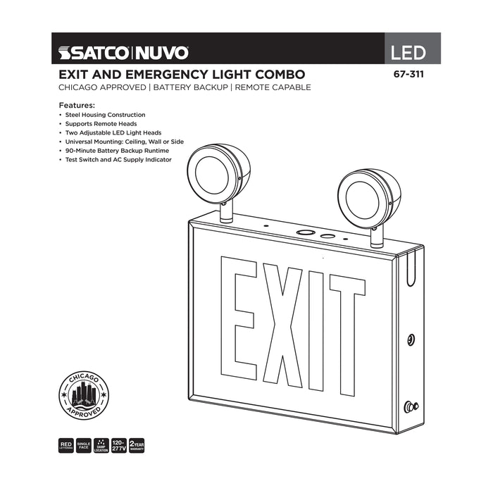 SATCO/NUVO Combination Exit Sign/Emergency Light Chicago Approved White Housing 120-277V 90-Minute Backup Single Face Surface Mounting Remote Capable (67-311)