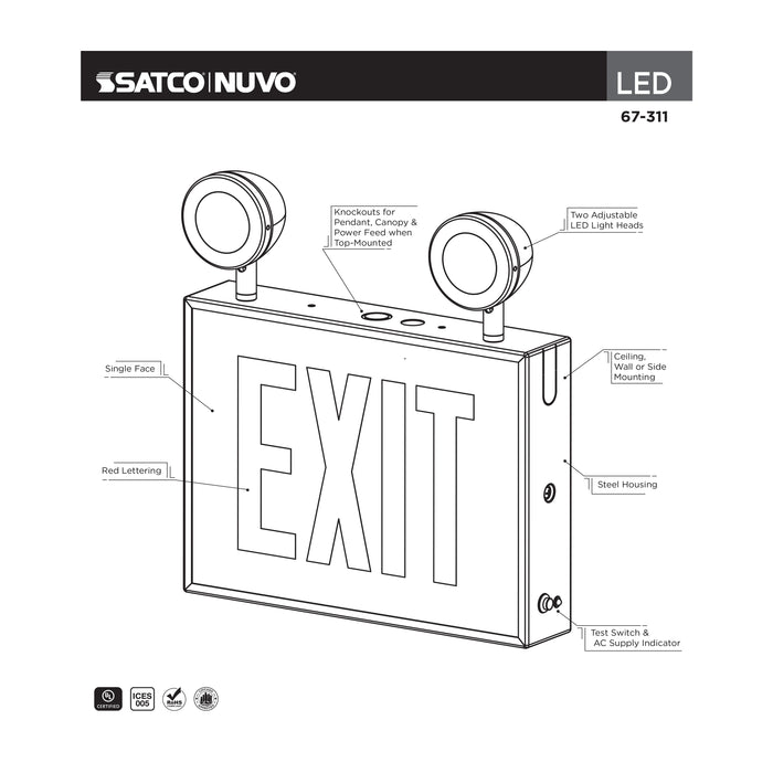 SATCO/NUVO Combination Exit Sign/Emergency Light Chicago Approved White Housing 120-277V 90-Minute Backup Single Face Surface Mounting Remote Capable (67-311)