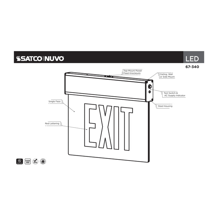 SATCO/NUVO Edge Lit Exit Sign Chicago Approved White Housing 120-277V 90-Minute Backup Single Face Surface Mounting (67-340)