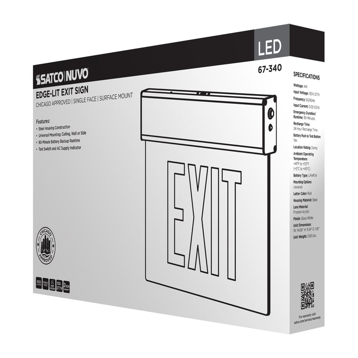 SATCO/NUVO Edge Lit Exit Sign Chicago Approved White Housing 120-277V 90-Minute Backup Single Face Surface Mounting (67-340)