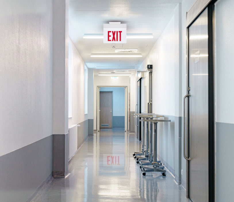SATCO/NUVO Edge Lit Exit Sign Chicago Approved White Housing 120-277V 90-Minute Backup Double Face Surface Mounting (67-341)